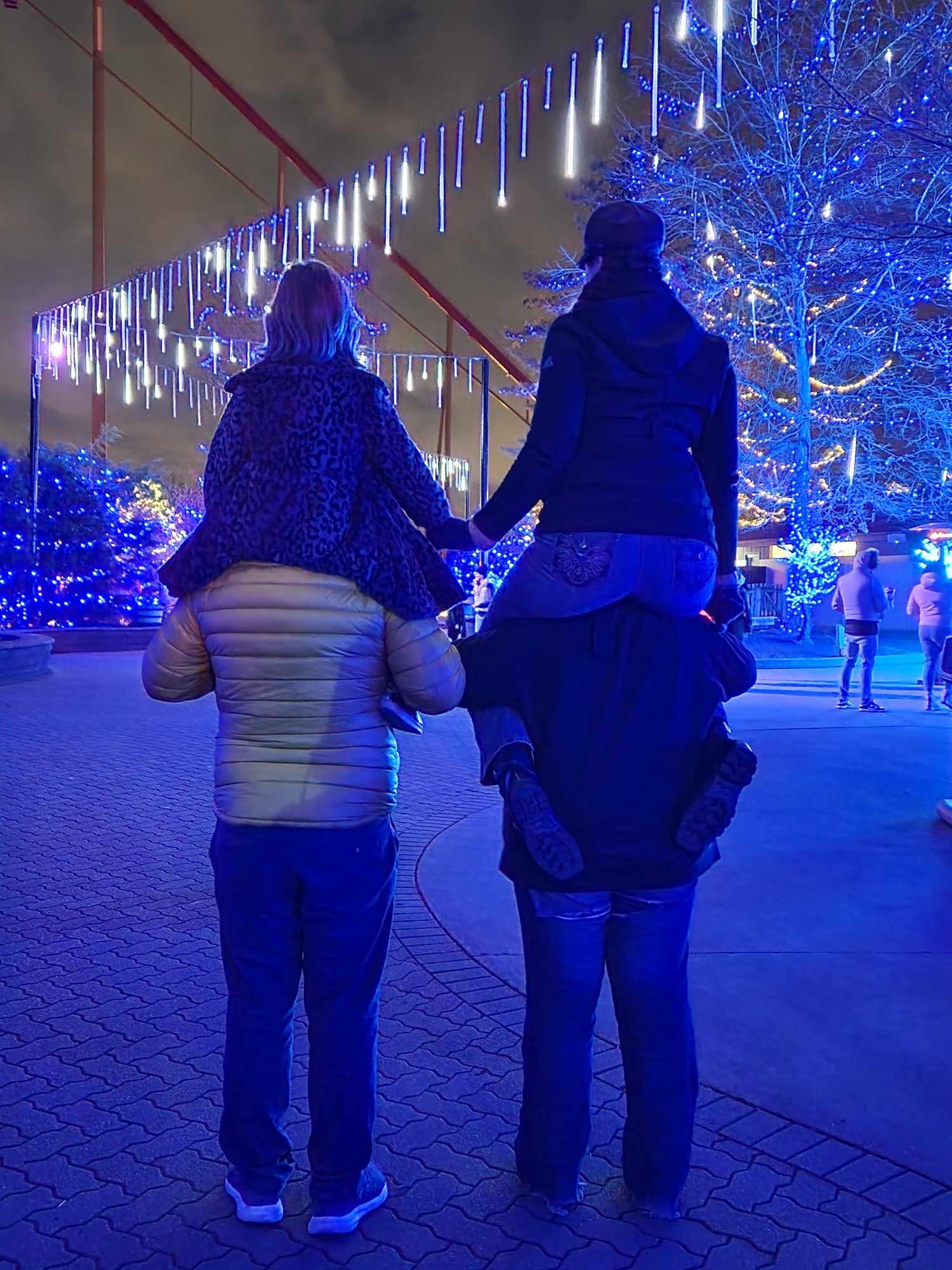 Blue-hued image of a mother and daughter on people\'s shoulders, holding hands, looking at pretty blue Christmas lights.